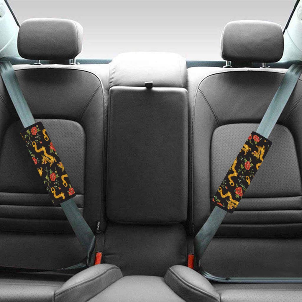 Rose Floral Golden Dragon Print Seat Belt Cover-grizzshop