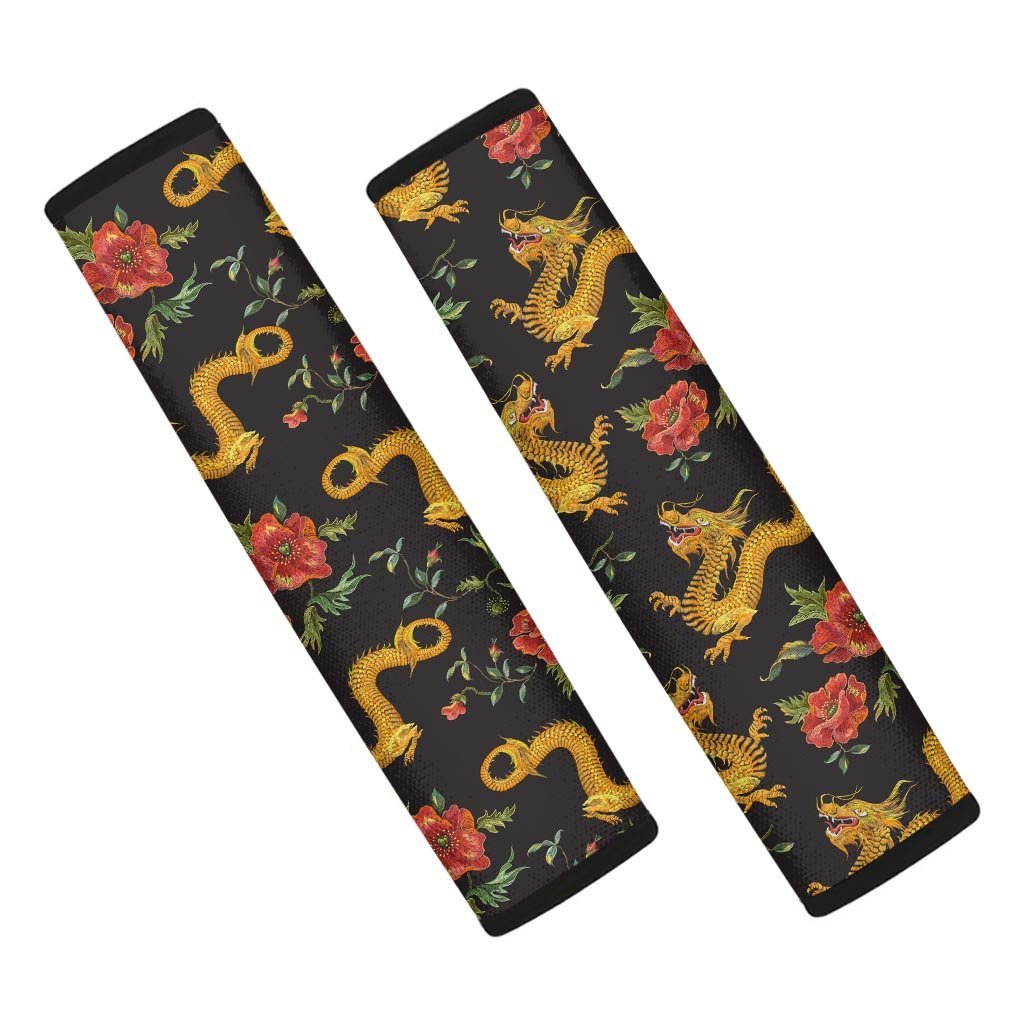 Rose Floral Golden Dragon Print Seat Belt Cover-grizzshop