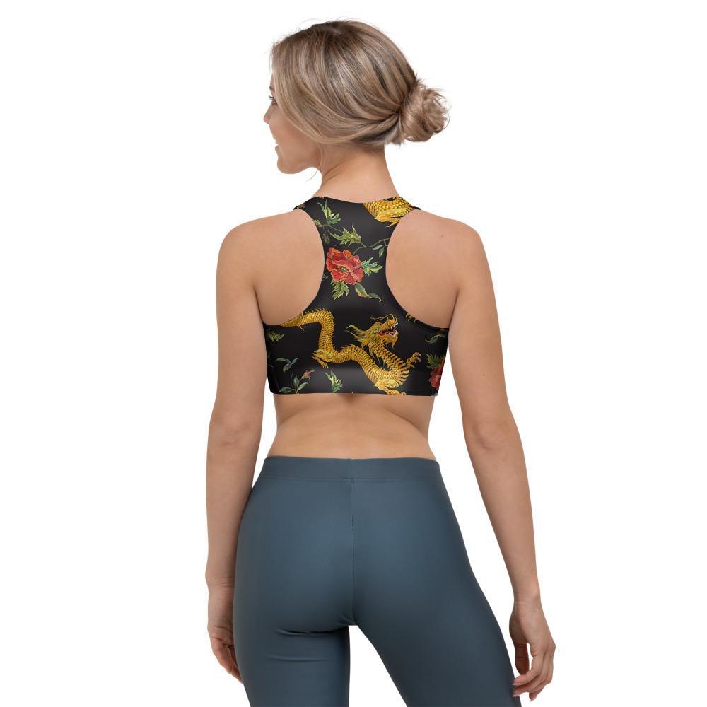 Rose Floral Golden Dragon Print Sports Bra-grizzshop
