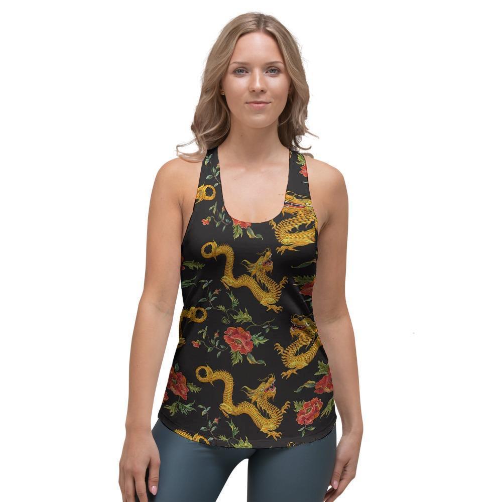 Rose Floral Golden Dragon Print Women's Racerback Tank Top-grizzshop