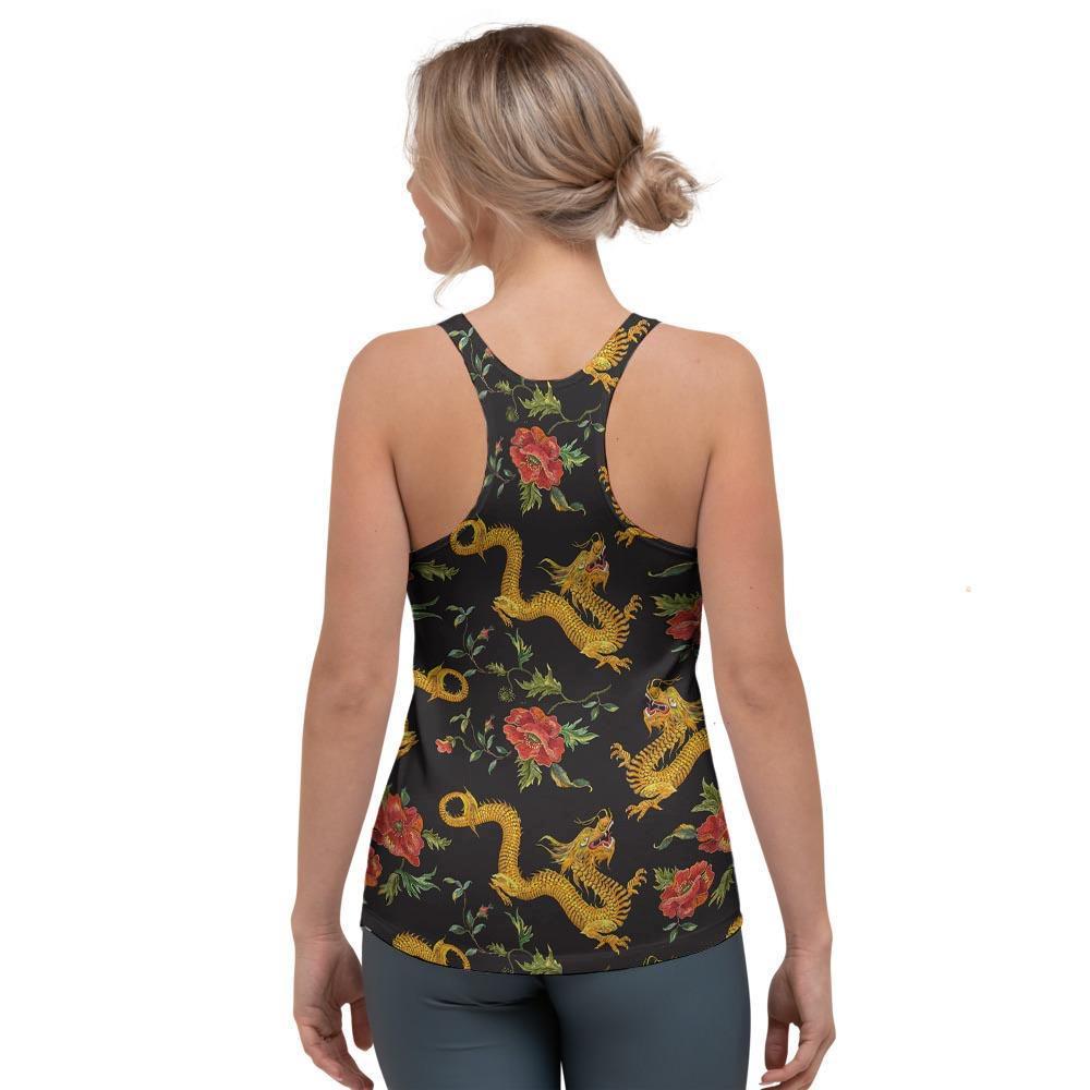 Rose Floral Golden Dragon Print Women's Racerback Tank Top-grizzshop