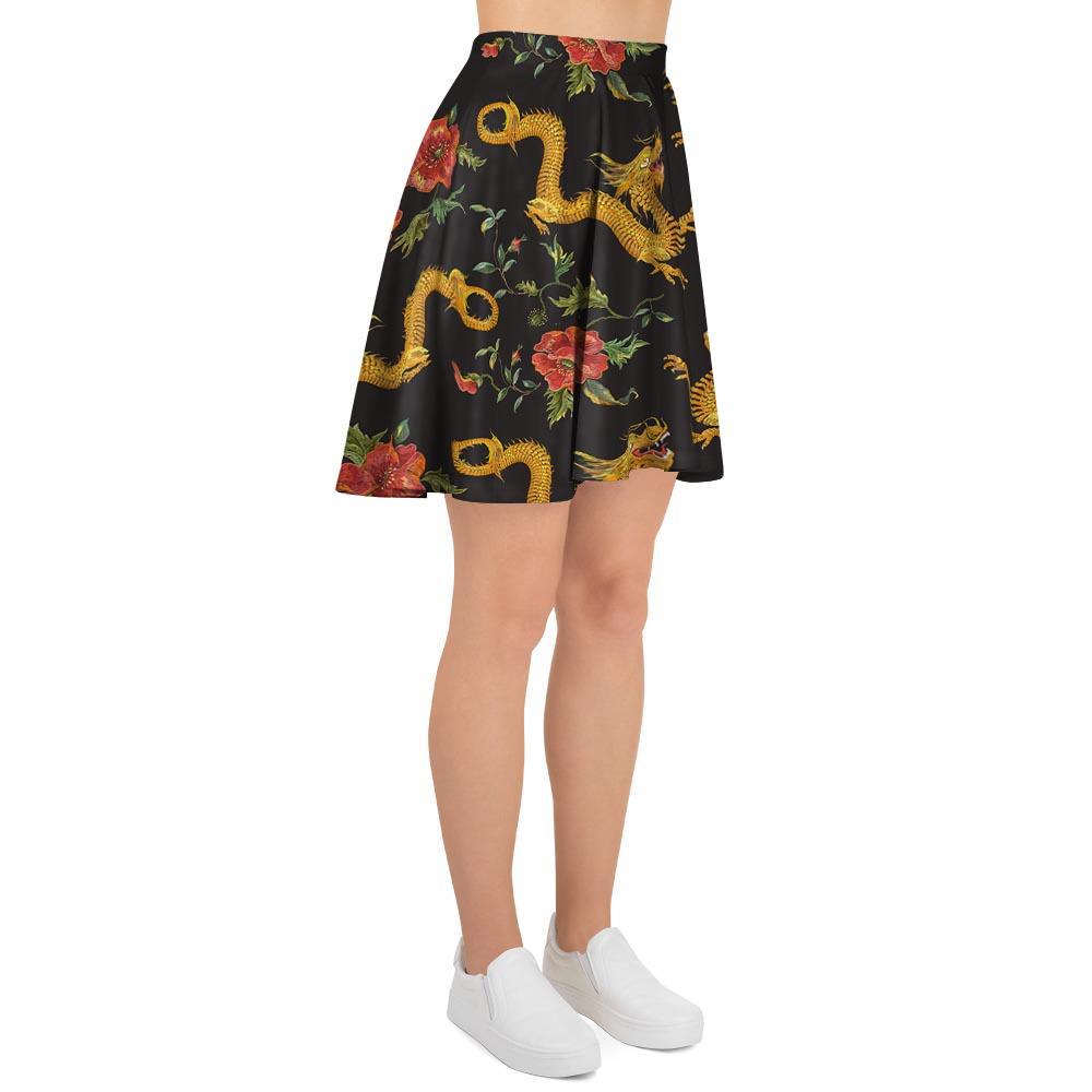 Rose Floral Golden Dragon Print Women's Skirt-grizzshop