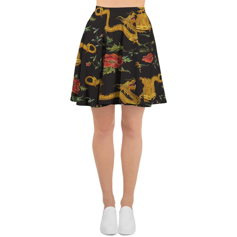 Rose Floral Golden Dragon Print Women's Skirt-grizzshop