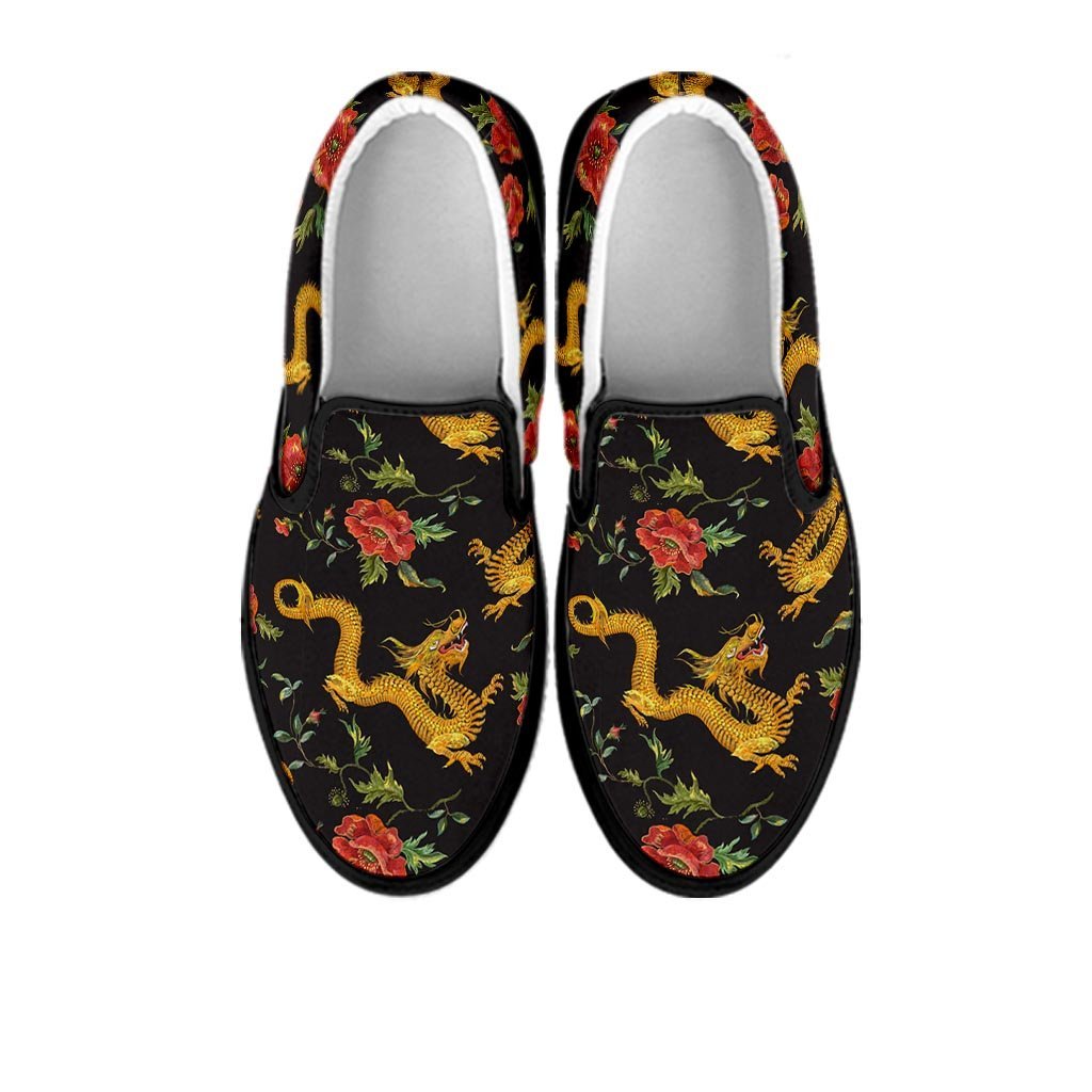 Rose Floral Golden Dragon Print Women's Slip On Sneakers-grizzshop