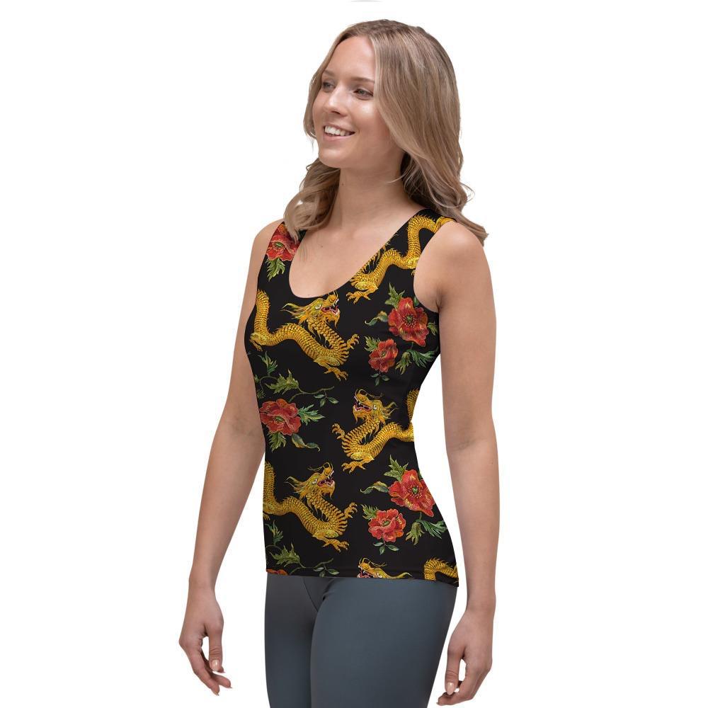 Rose Floral Golden Dragon Print Women's Tank Top-grizzshop