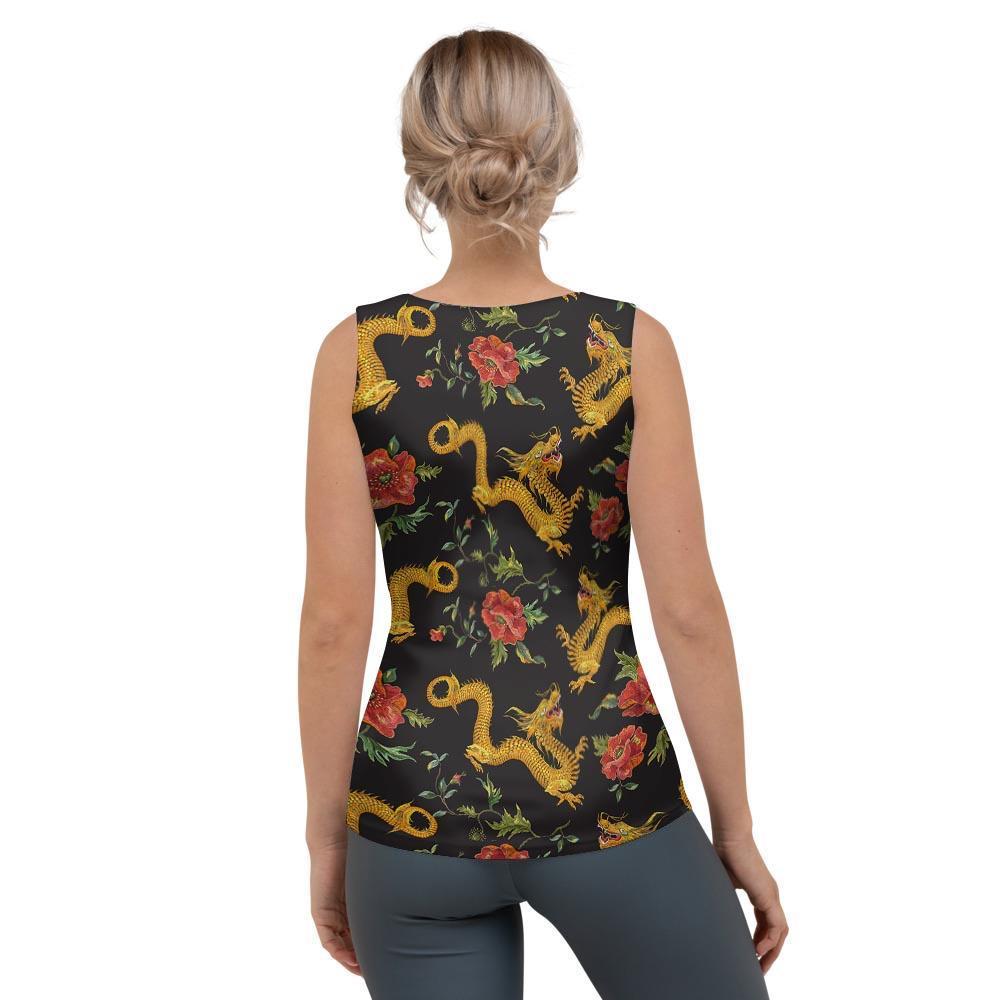 Rose Floral Golden Dragon Print Women's Tank Top-grizzshop