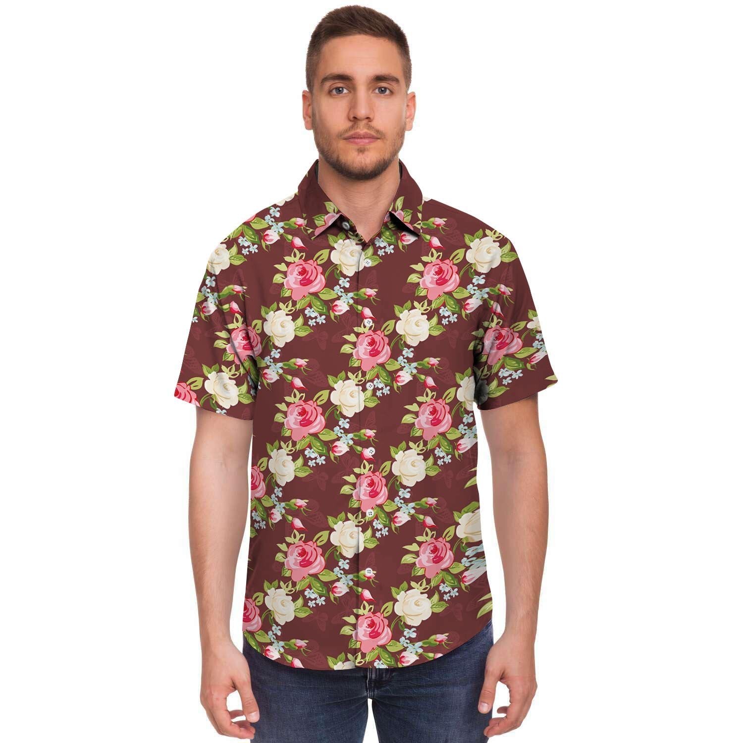 Rose Floral Print Men's Short Sleeve Shirt-grizzshop