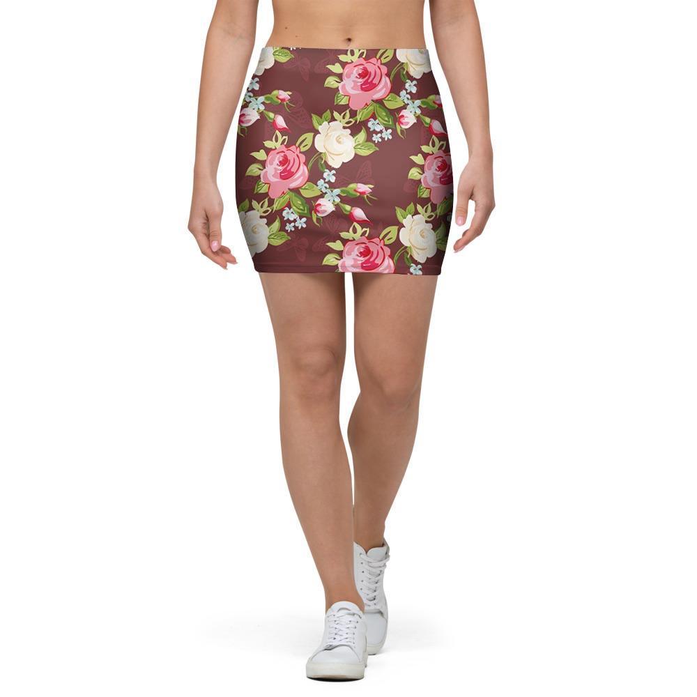 Rose Floral Print Mini Skirt-grizzshop