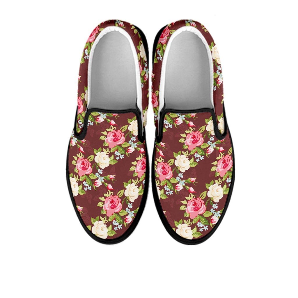 Rose Floral Print Women's Slip On Sneakers-grizzshop