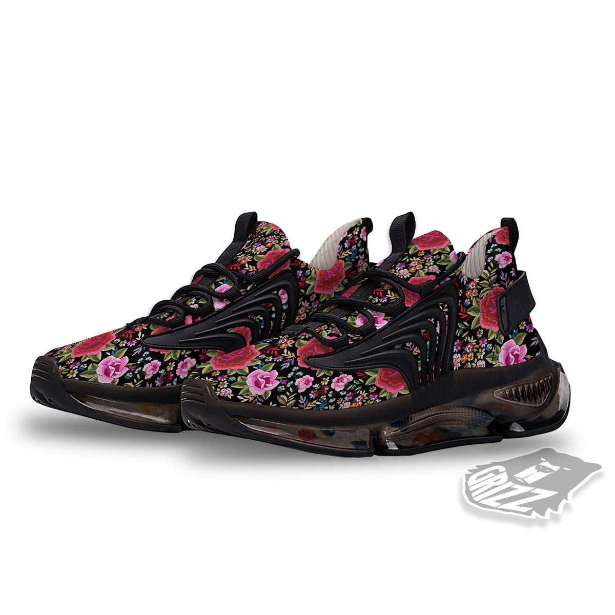 Rose Floral Red Pink Print Pattern Black Gym Shoes-grizzshop
