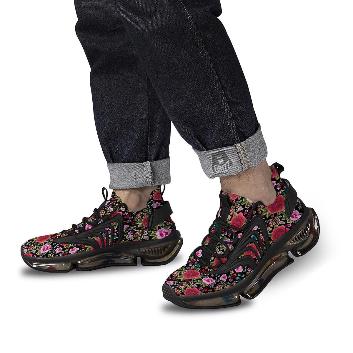 Rose Floral Red Pink Print Pattern Black Gym Shoes-grizzshop