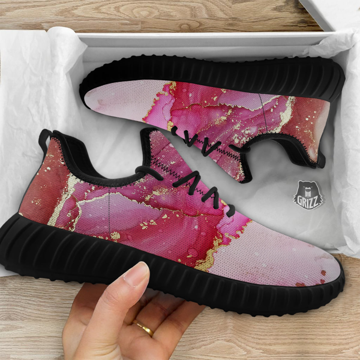Rose Gold Marble Print Black Walking Shoes-grizzshop