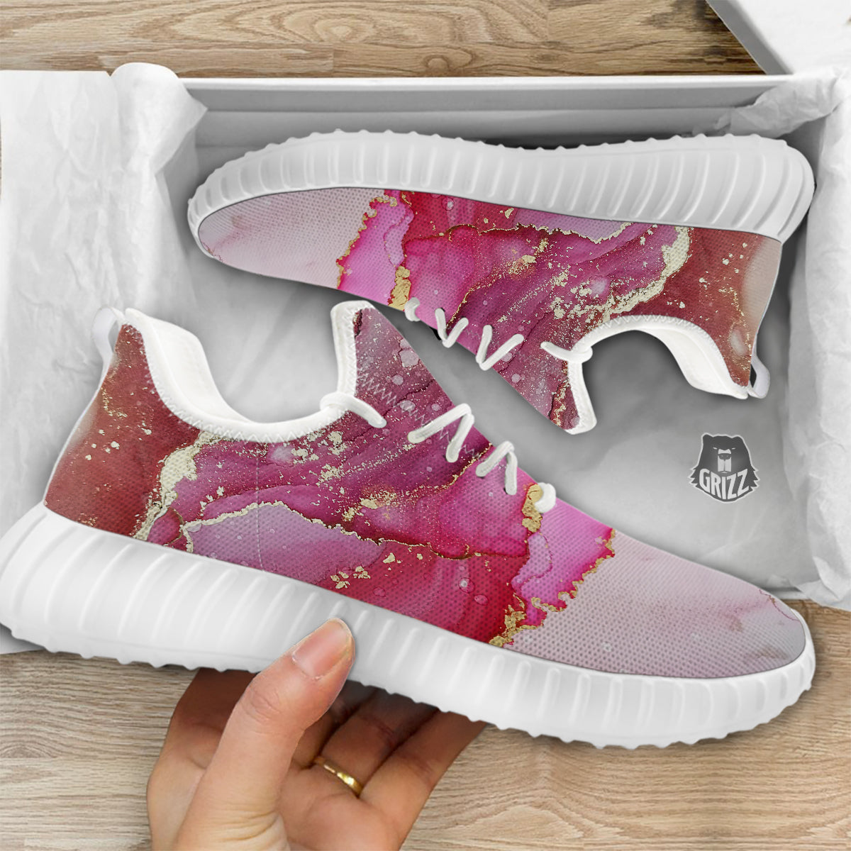 Rose Gold Marble Print White Walking Shoes-grizzshop