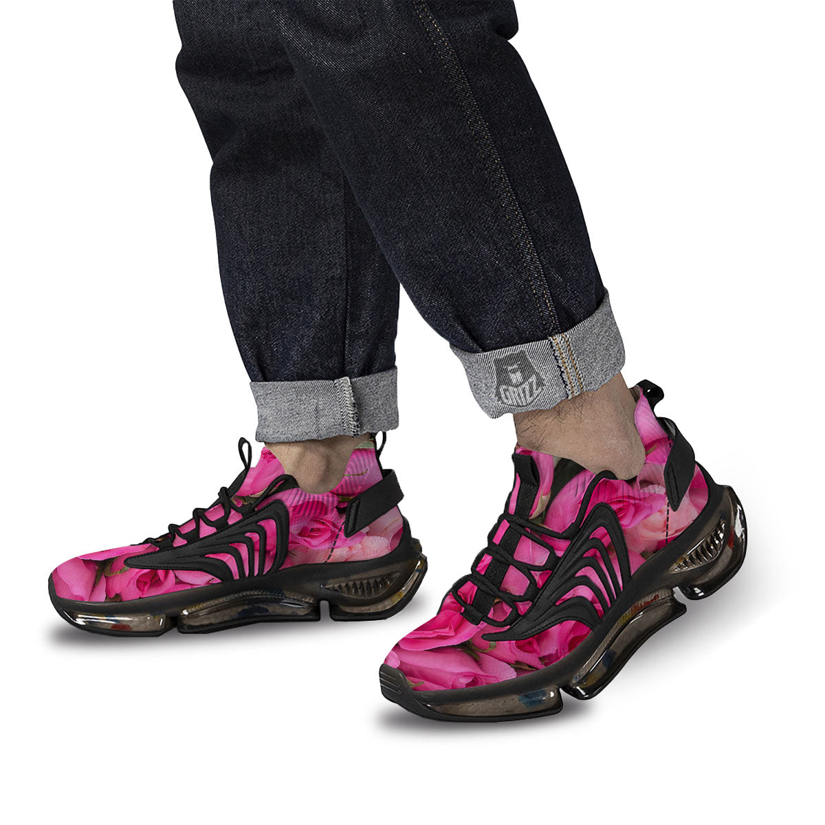 Rose Hot Pink Print Black Gym Shoes-grizzshop