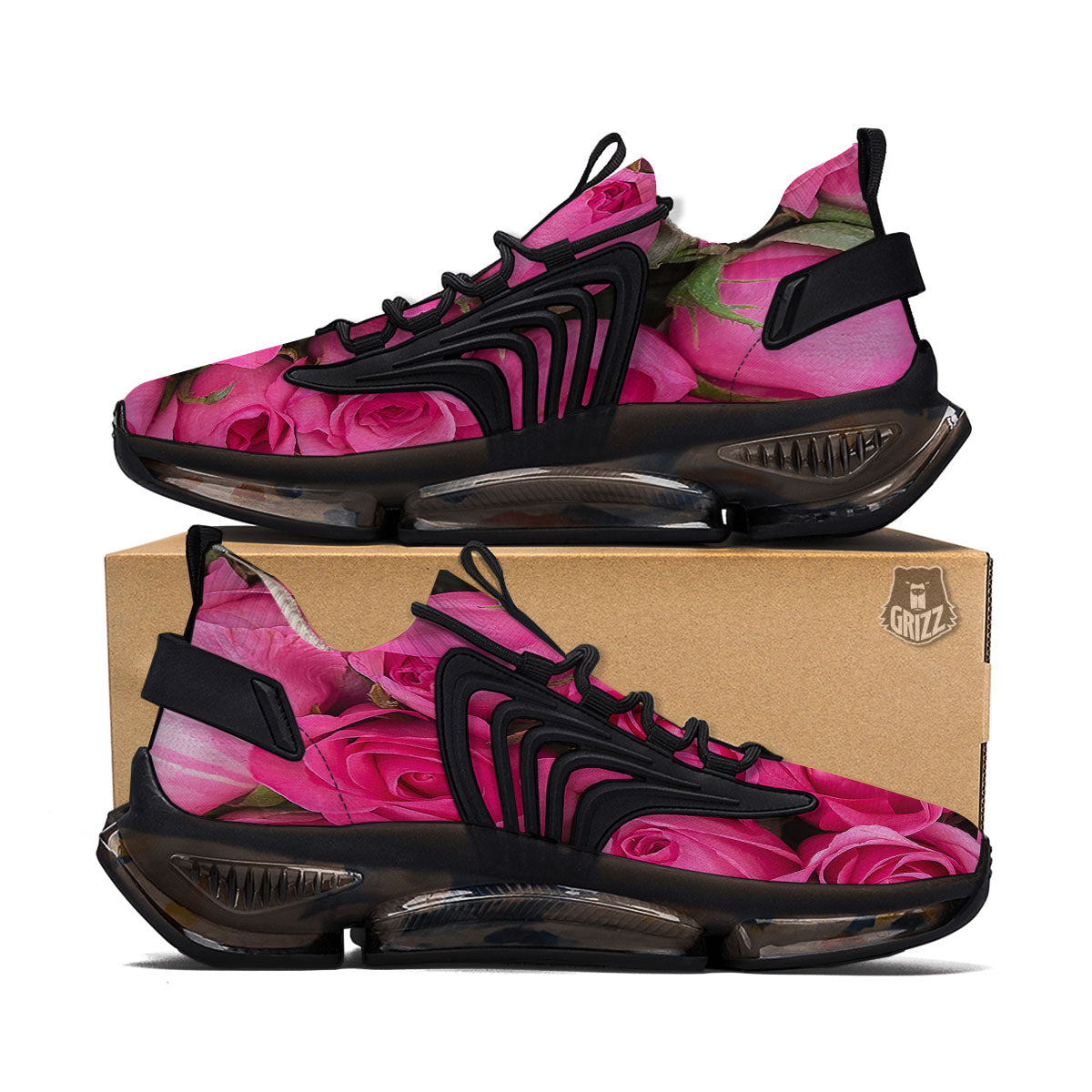 Rose Hot Pink Print Black Gym Shoes-grizzshop