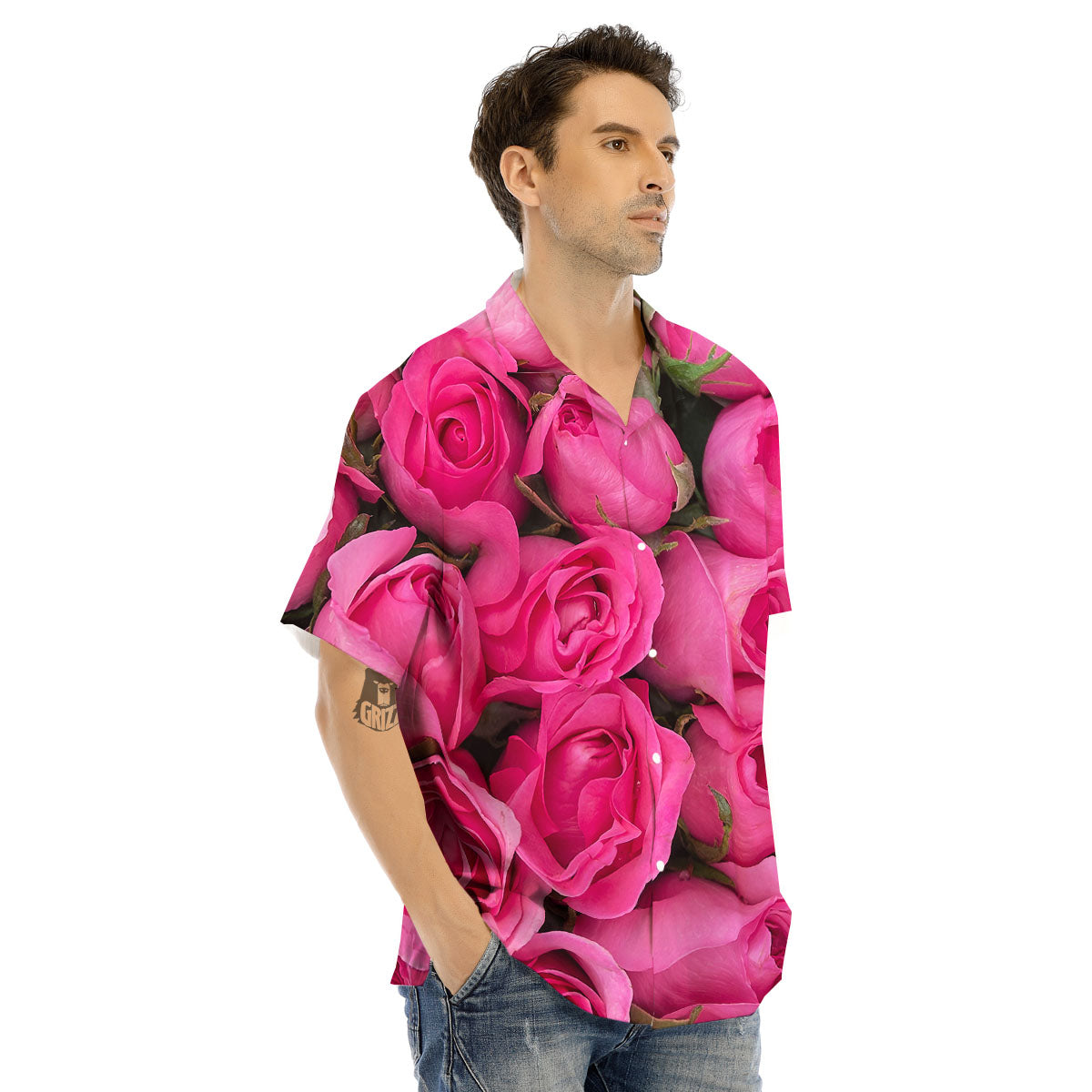 Rose Hot Pink Print Men's Hawaiian Shirt-grizzshop