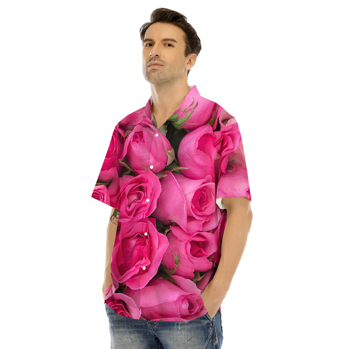Rose Hot Pink Print Men's Hawaiian Shirt-grizzshop