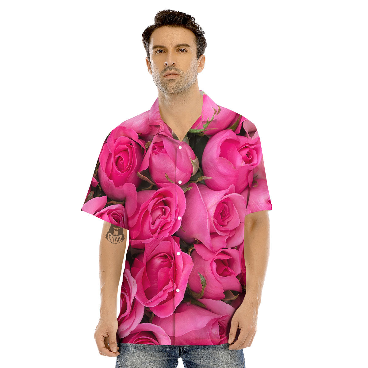 Rose Hot Pink Print Men's Hawaiian Shirt-grizzshop