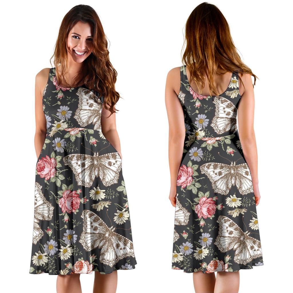 Rose Monarch Butterfly Pattern Print Dress-grizzshop