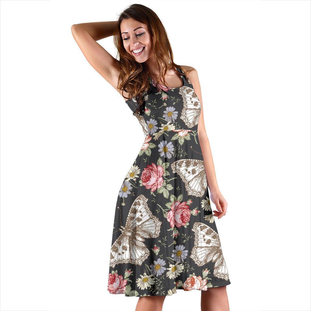Rose Monarch Butterfly Pattern Print Dress-grizzshop