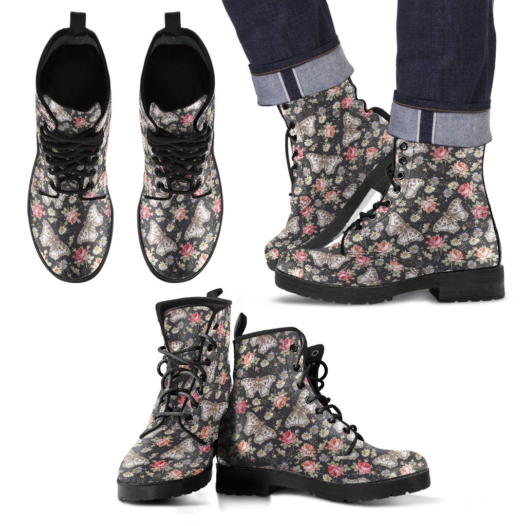 Rose Monarch Butterfly Pattern Print Men Women Leather Boots-grizzshop