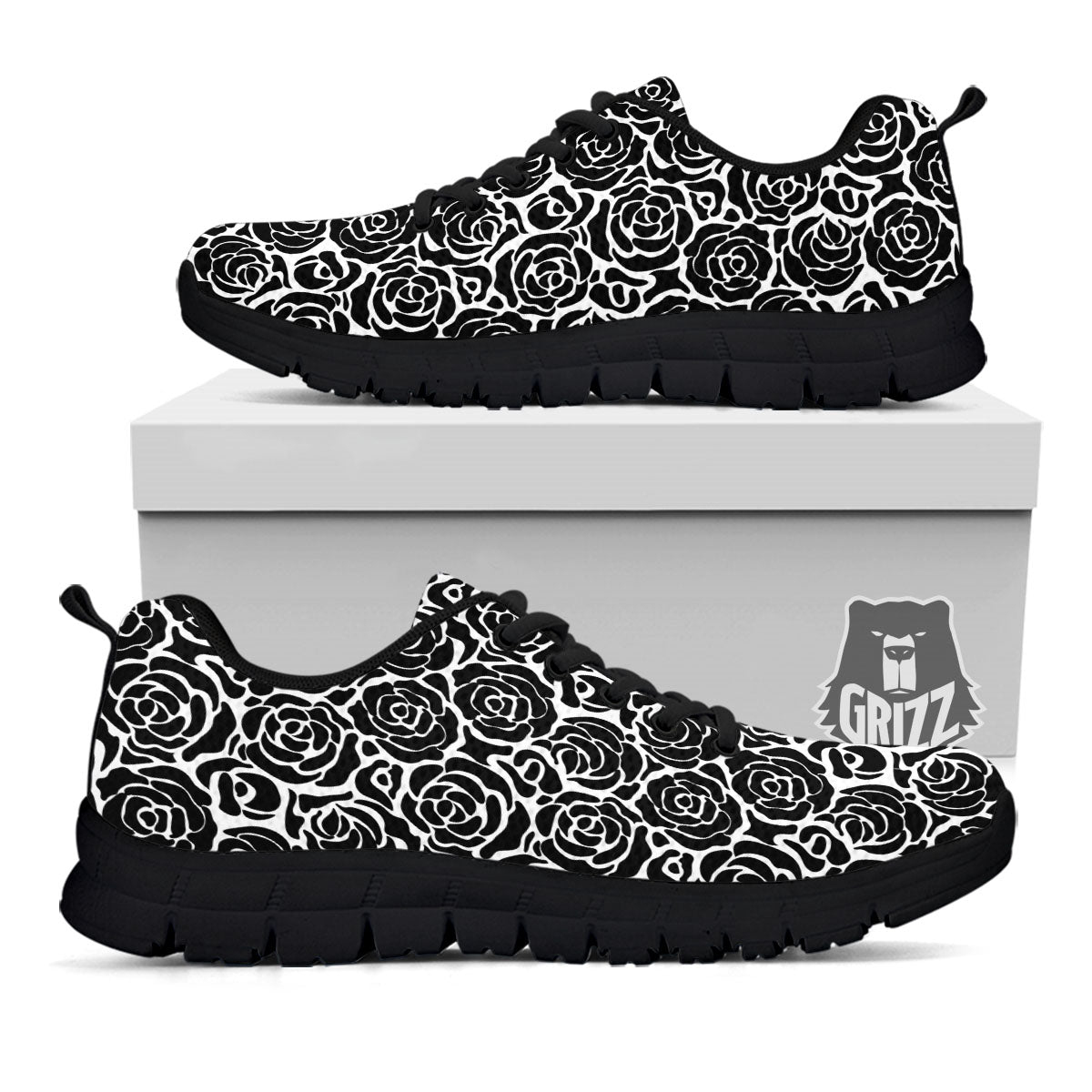 Rose Print Monochrome Pattern Black Sneaker-grizzshop