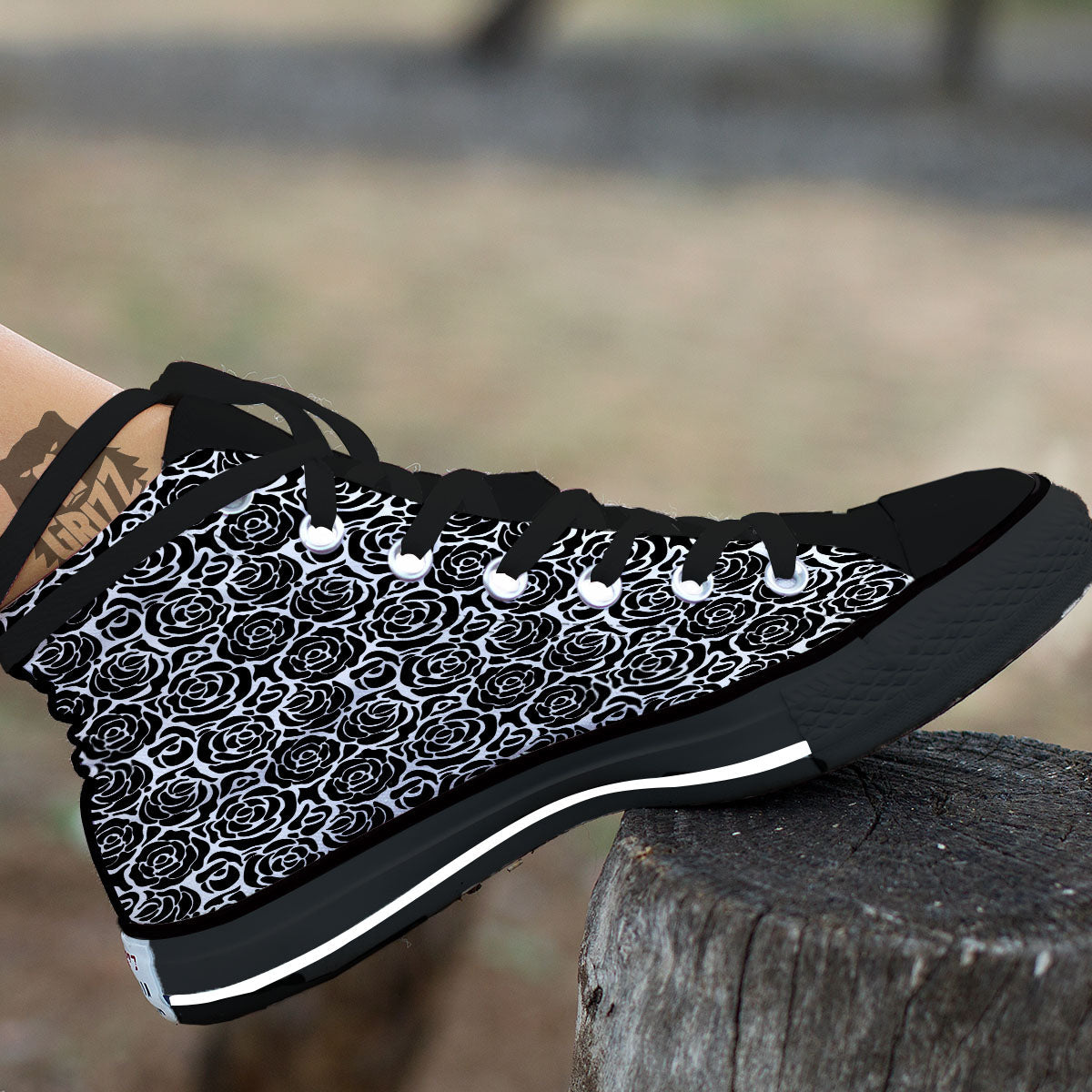 Rose Print Monochrome Pattern High Top Shoes-grizzshop