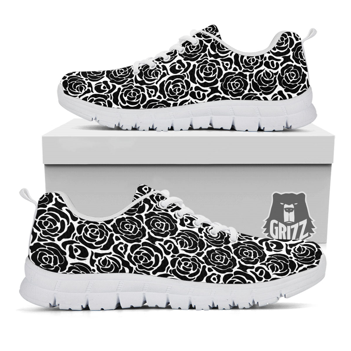 Rose Print Monochrome Pattern White Sneaker-grizzshop