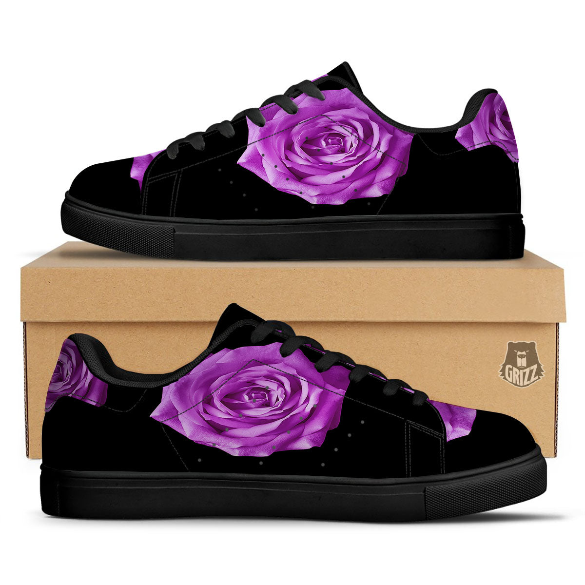 Rose Purple Dark Print Black Low Top Sneakers-grizzshop