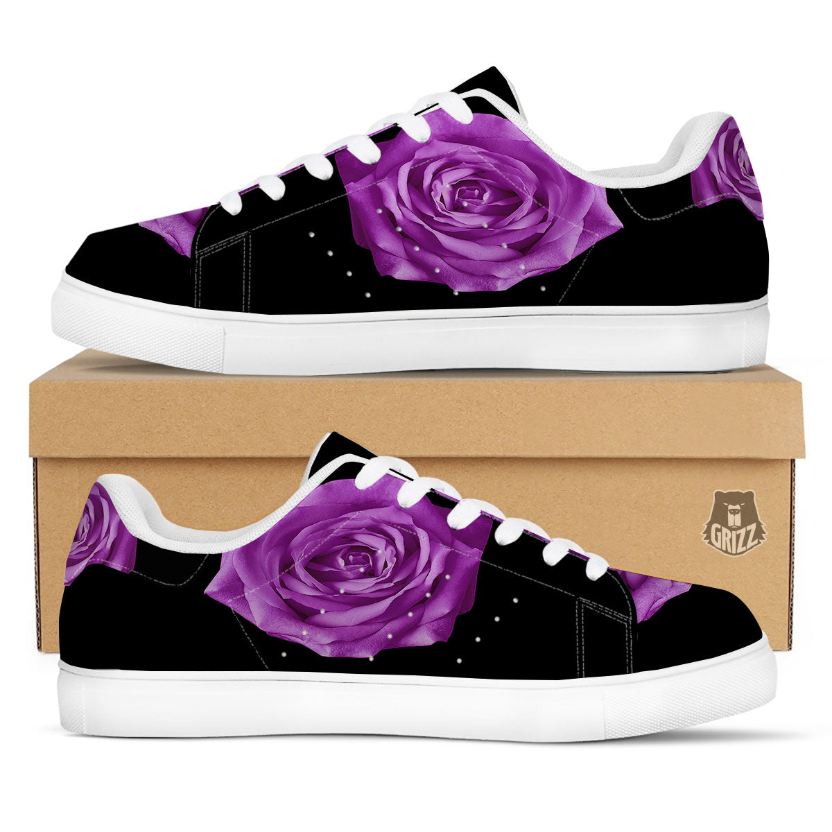 Rose Purple Dark Print White Low Top Sneakers-grizzshop
