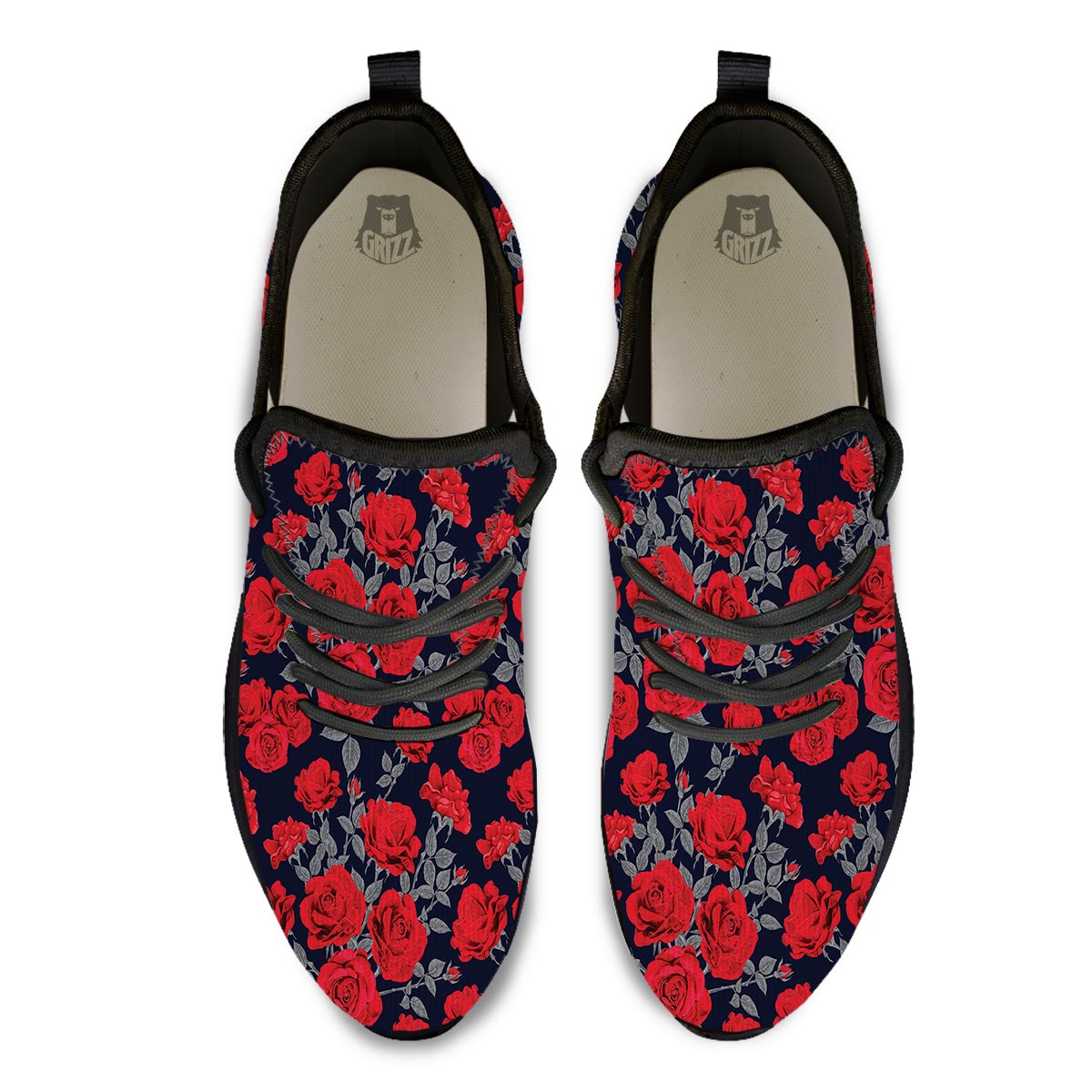 Rose Red Print Pattern Black Athletic Shoes-grizzshop