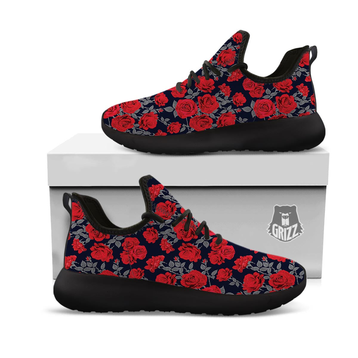 Rose Red Print Pattern Black Athletic Shoes-grizzshop