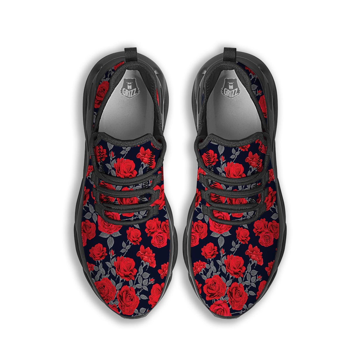 Rose Red Print Pattern Black Running Shoes-grizzshop