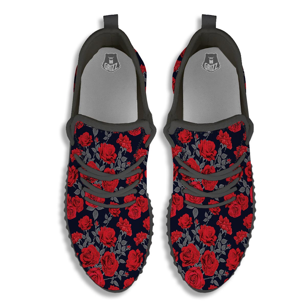 Rose Red Print Pattern Black Walking Shoes-grizzshop