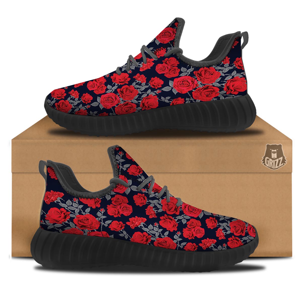 Rose Red Print Pattern Black Walking Shoes-grizzshop