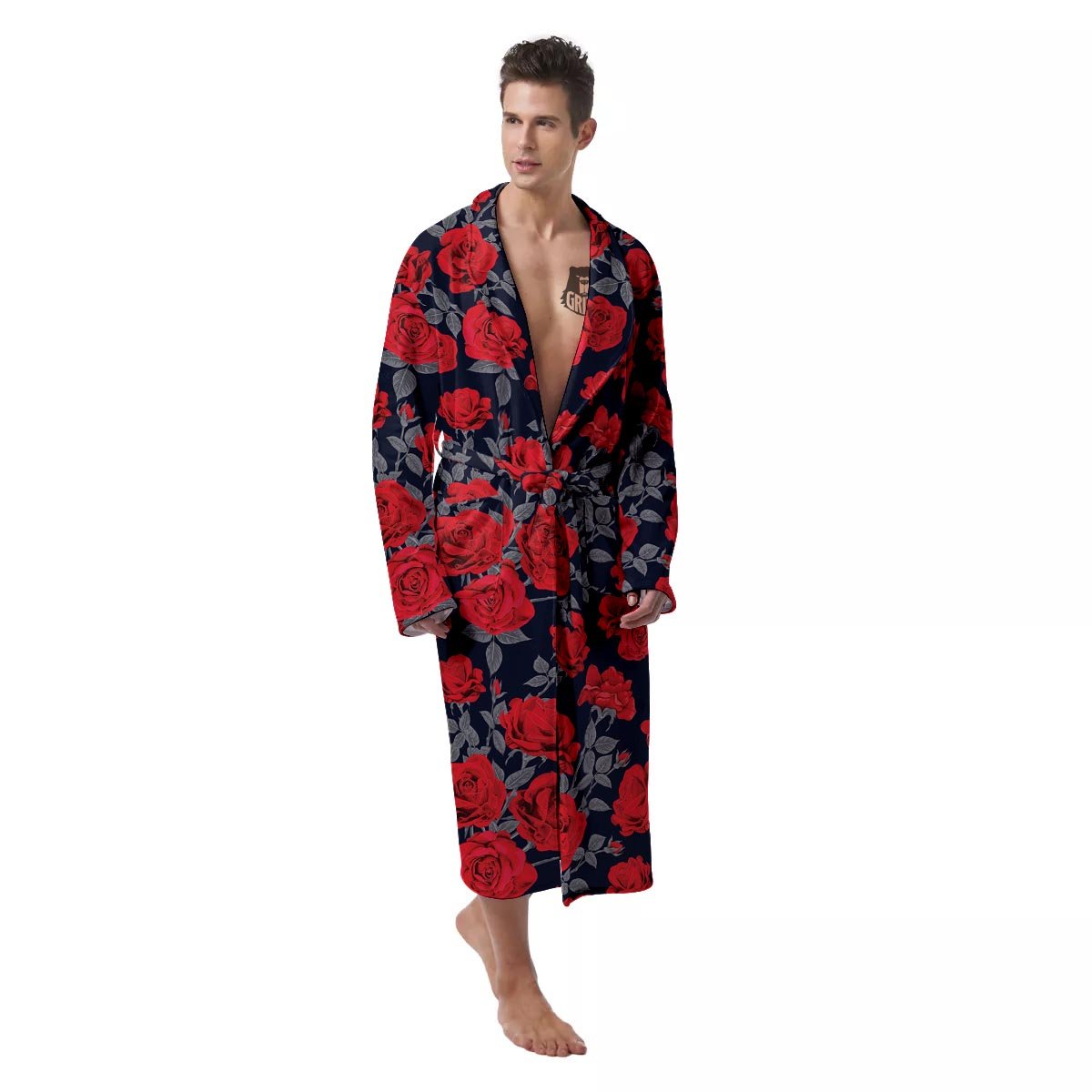 Rose Red Print Pattern Men's Robe-grizzshop