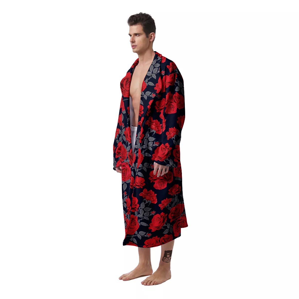 Rose Red Print Pattern Men's Robe-grizzshop