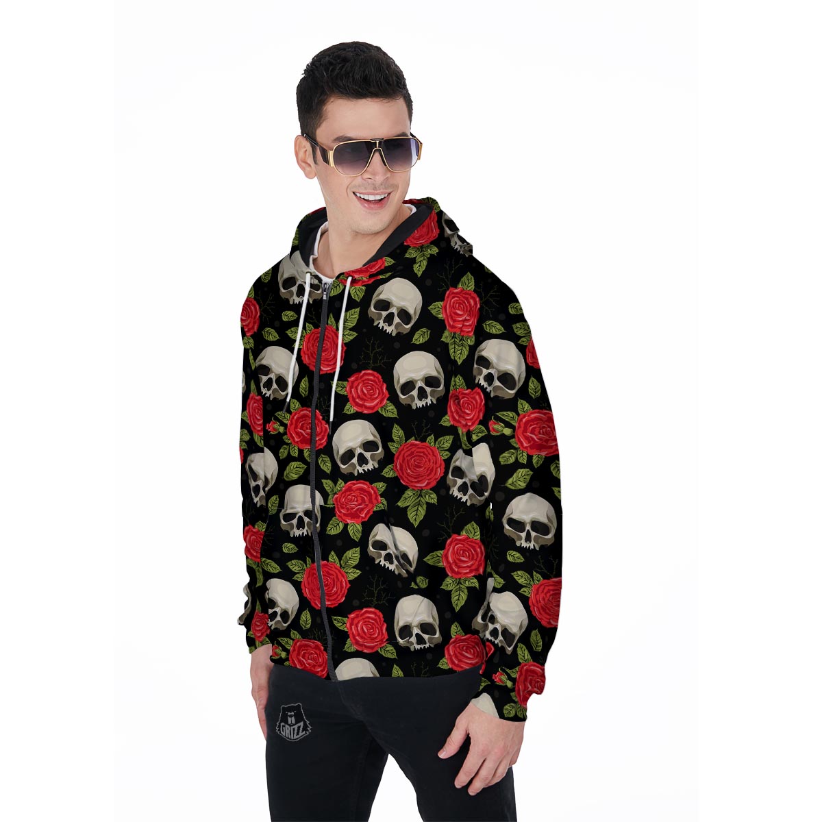 Rose Skull Men's Zip Up Hoodie-grizzshop