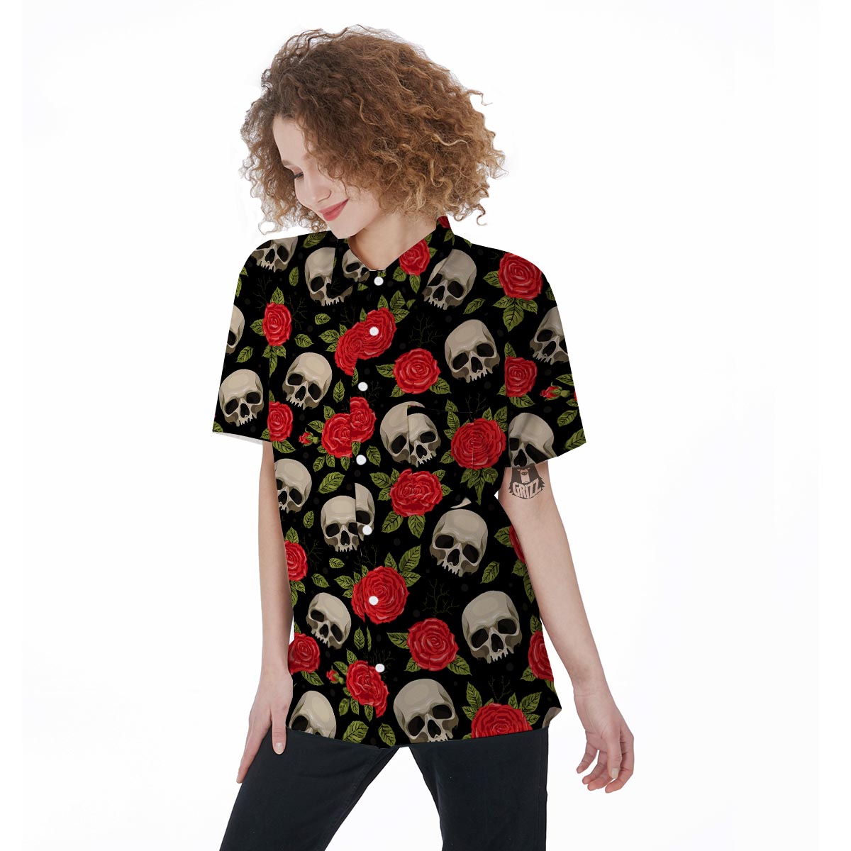 Rose Skull Women's Short Sleeve Shirts-grizzshop