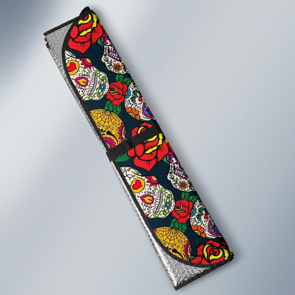 Rose Sugar Skull Skeleton Girly Floral Pattern Print Car Sun Shade-grizzshop