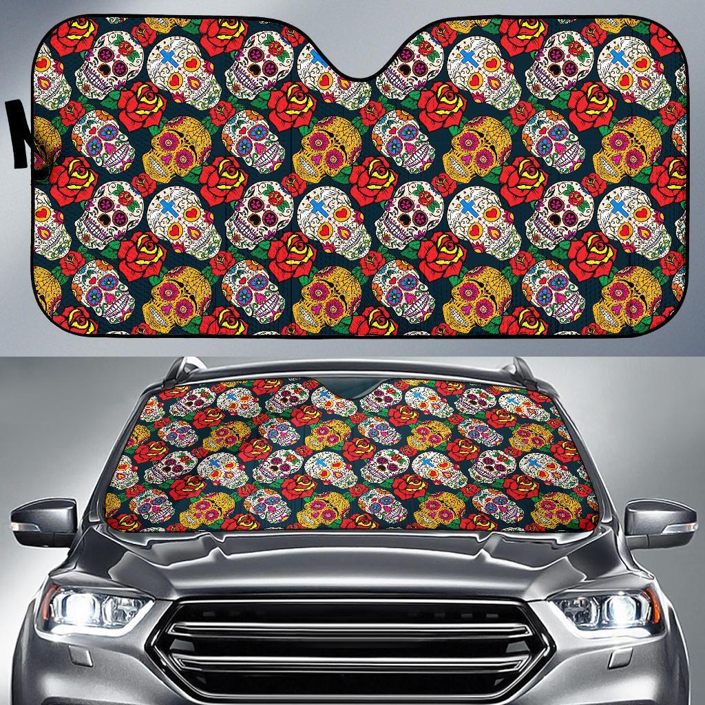 Rose Sugar Skull Skeleton Girly Floral Pattern Print Car Sun Shade-grizzshop