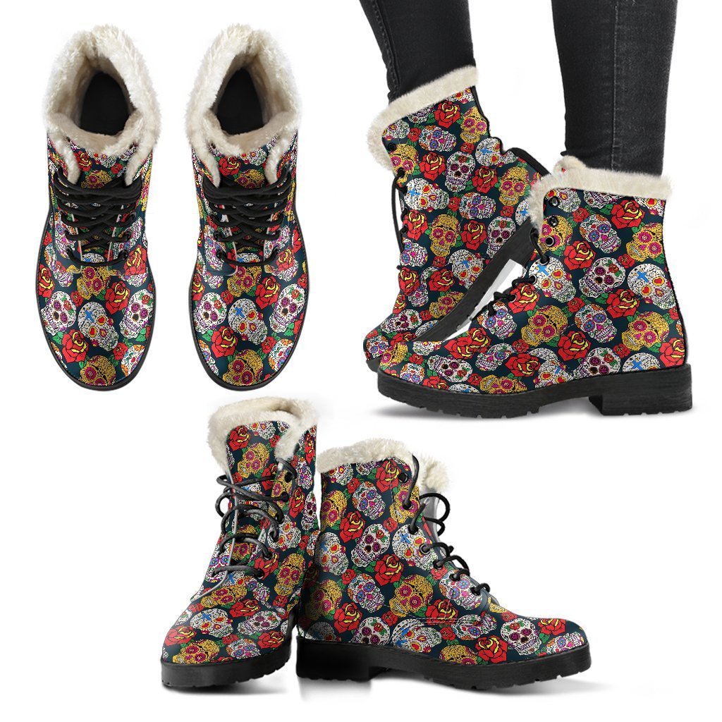 Rose Sugar Skull Skeleton Girly Floral Pattern Print Comfy Winter Boots-grizzshop