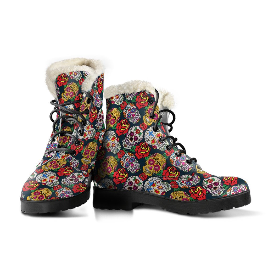 Rose Sugar Skull Skeleton Girly Floral Pattern Print Comfy Winter Boots-grizzshop