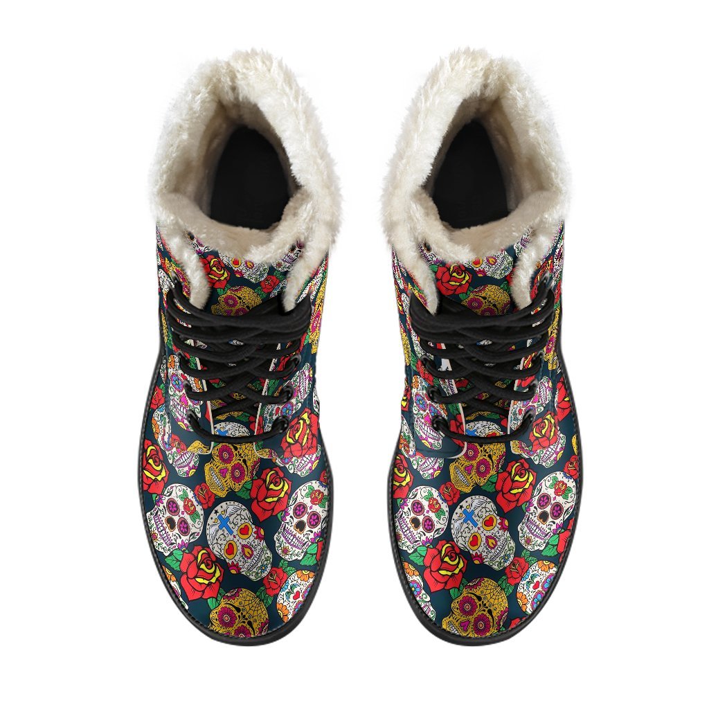 Rose Sugar Skull Skeleton Girly Floral Pattern Print Comfy Winter Boots-grizzshop