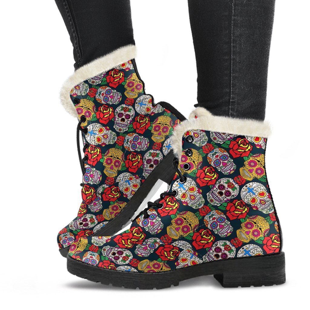 Rose Sugar Skull Skeleton Girly Floral Pattern Print Comfy Winter Boots-grizzshop