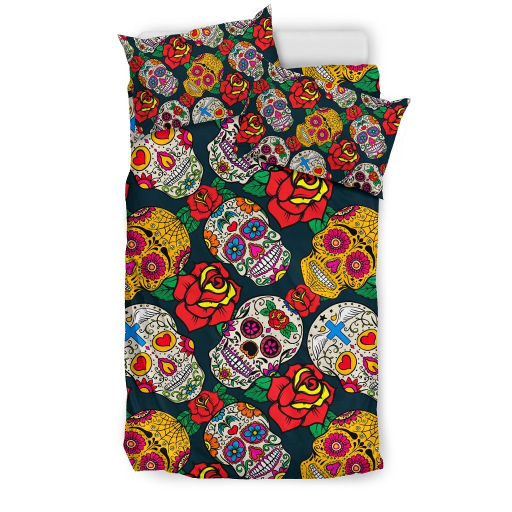 Rose Sugar Skull Skeleton Girly Floral Pattern Print Duvet Cover Bedding Set-grizzshop