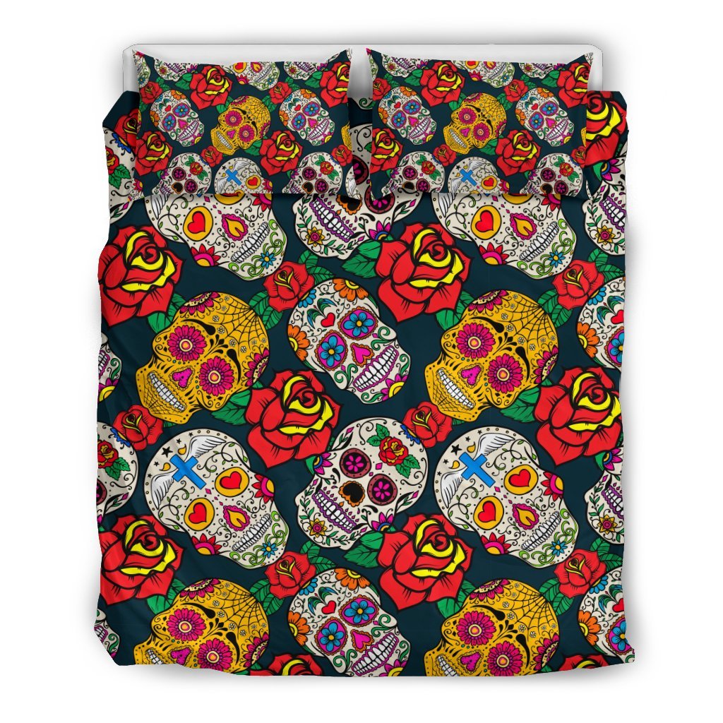 Rose Sugar Skull Skeleton Girly Floral Pattern Print Duvet Cover Bedding Set-grizzshop