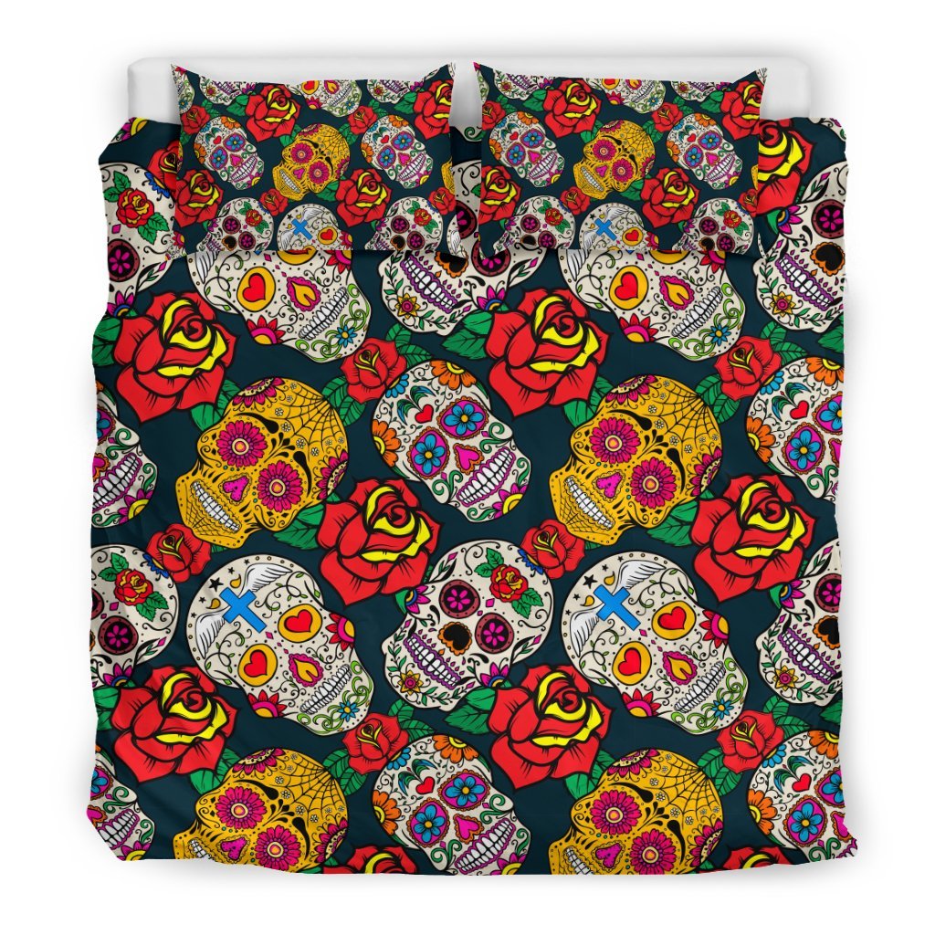 Rose Sugar Skull Skeleton Girly Floral Pattern Print Duvet Cover Bedding Set-grizzshop