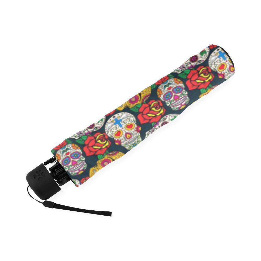 Rose Sugar Skull Skeleton Girly Floral Pattern Print Foldable Umbrella-grizzshop