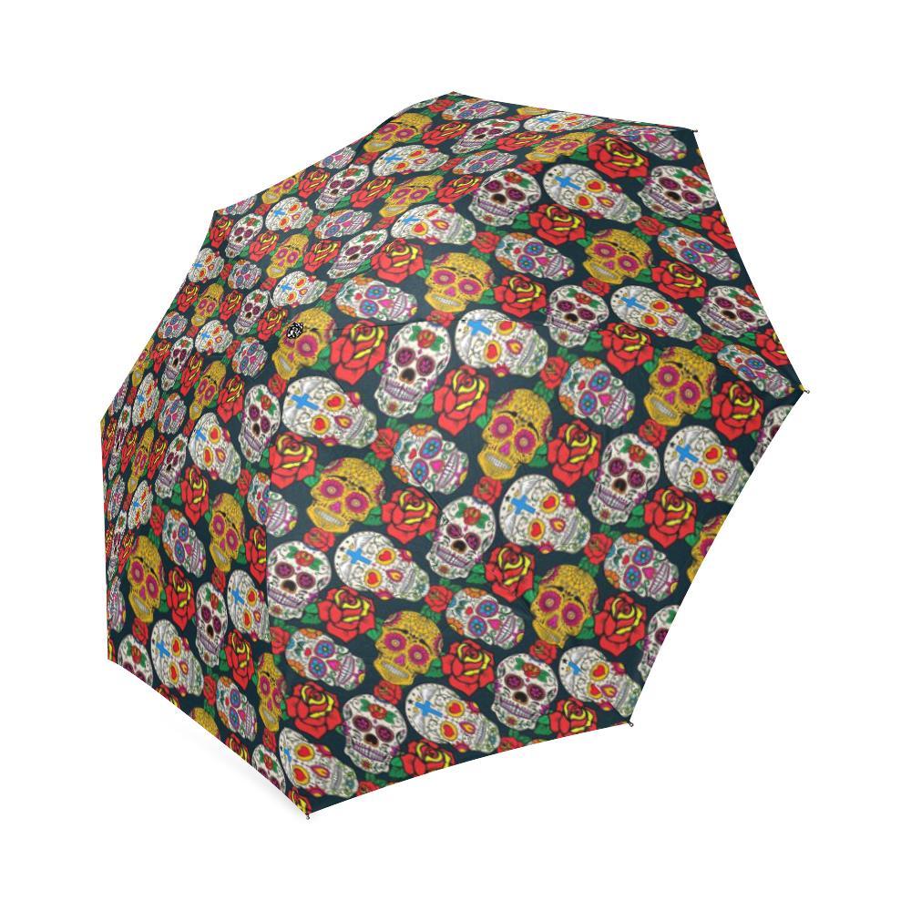 Rose Sugar Skull Skeleton Girly Floral Pattern Print Foldable Umbrella-grizzshop
